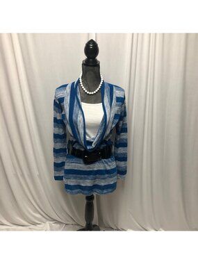 Say Anything Knit Top Womens Size Small Cowl Two Piece Look Belted Blue Striped